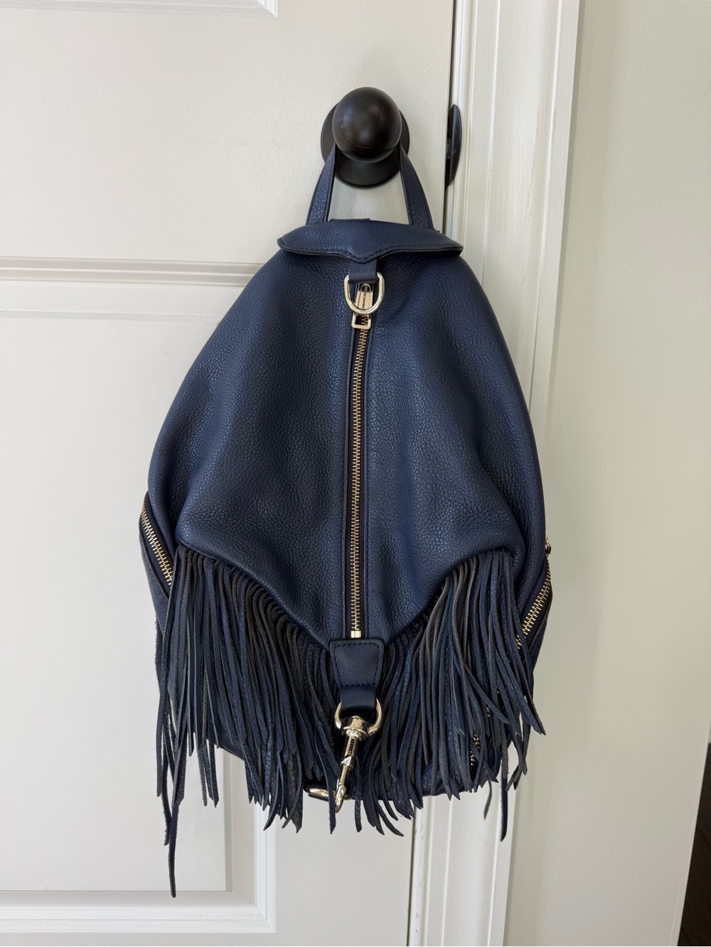 Rebecca Minkoff Navy Fringe Leather Backpack with Gold Hardware